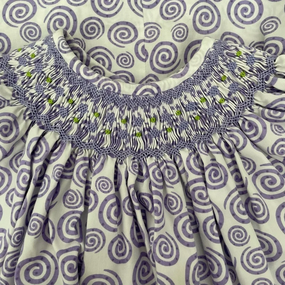 Amanda Remembered Girls Hand Smocked Dress Purple Swirl Print Size 6 Heirloom